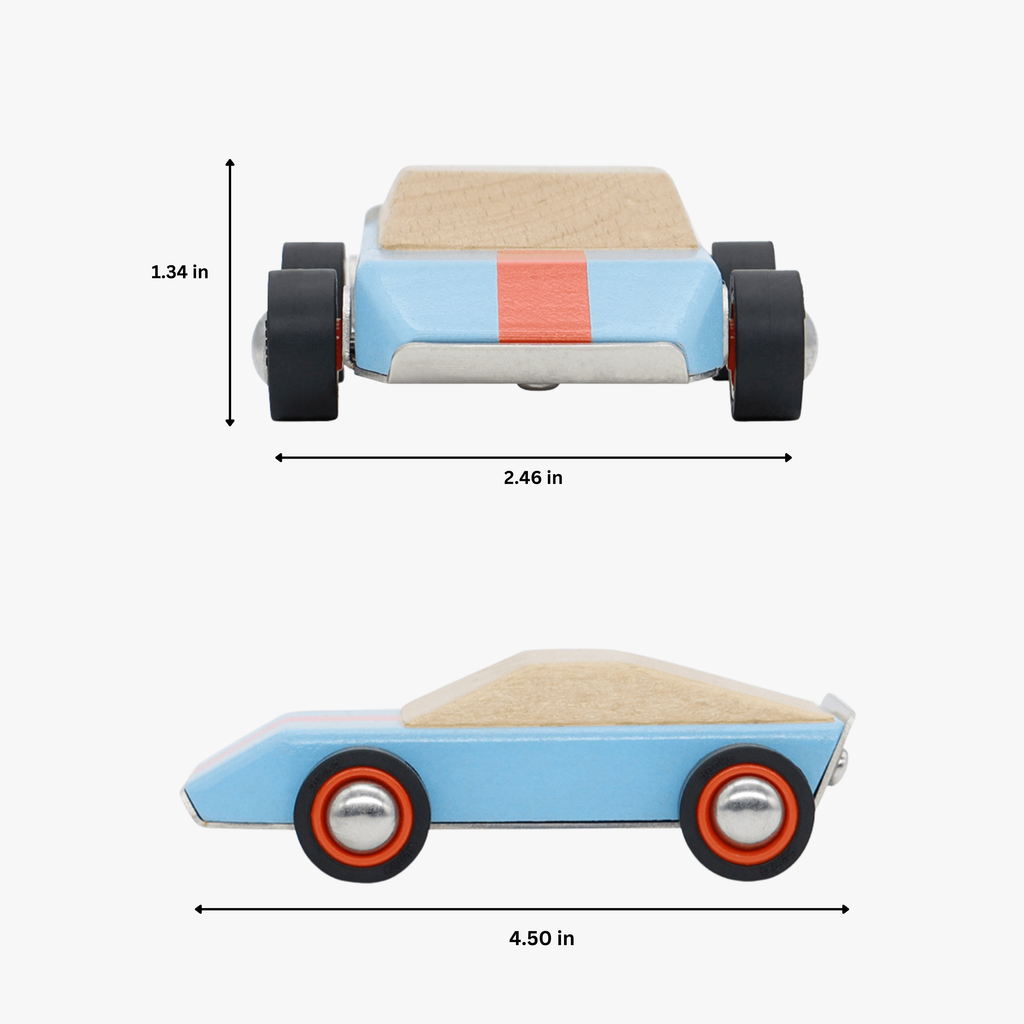 Small wooden toy car with dimensions labeled on a white background