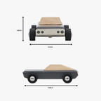 Wooden toy car with measurements on a white background