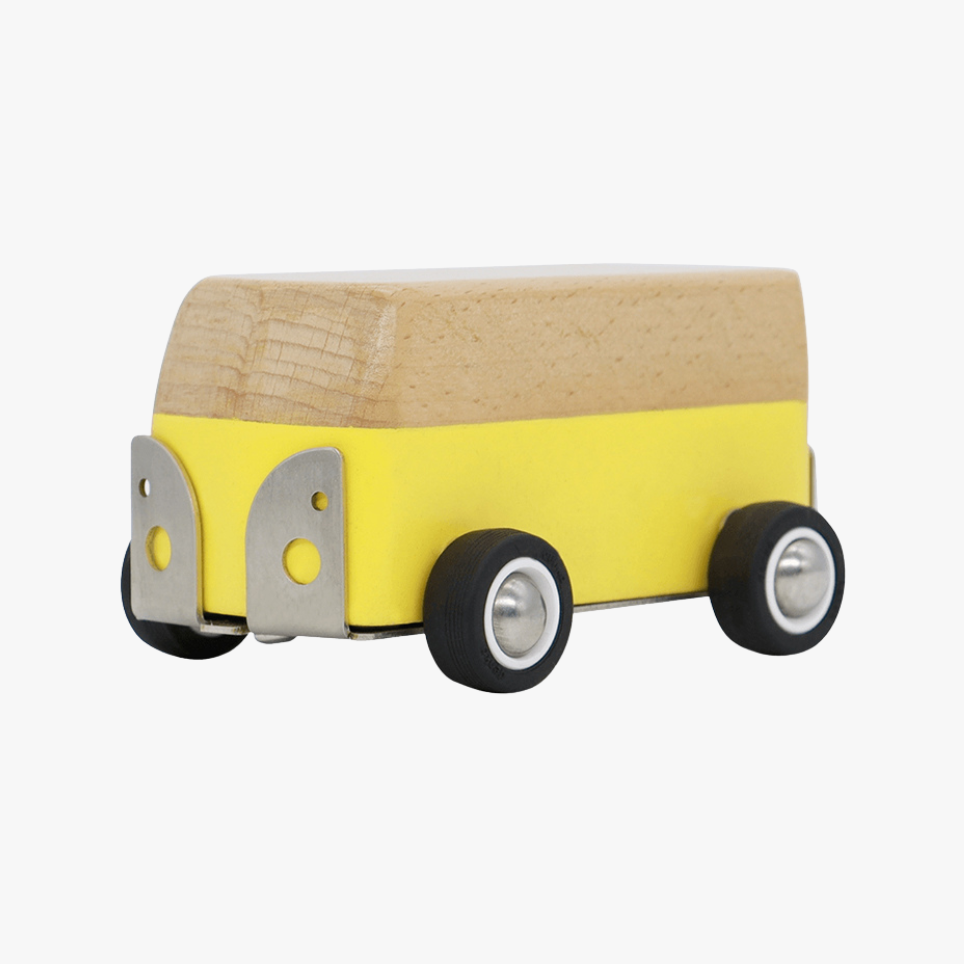 Wooden bus with a yellow body and brown cabin on a white background