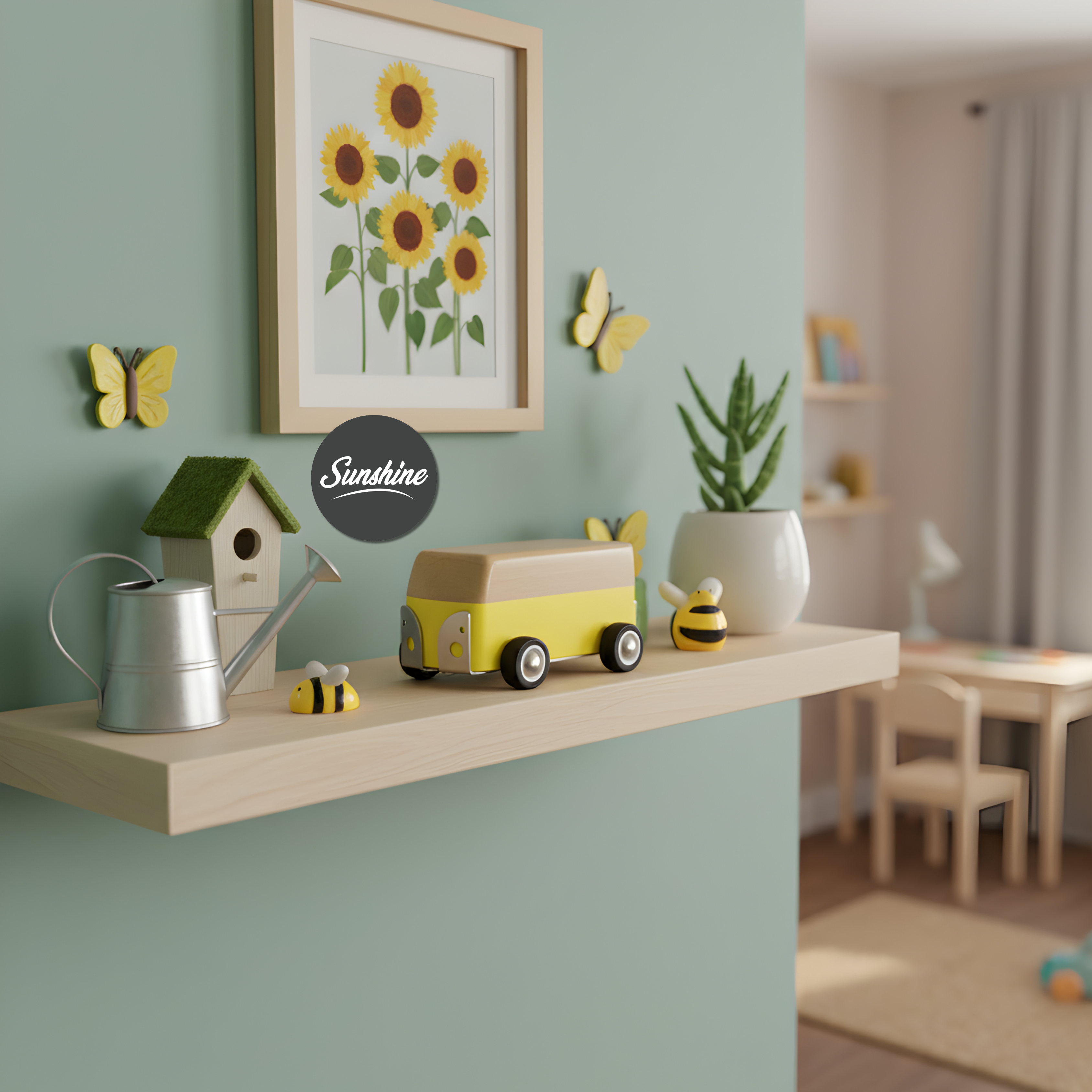 Children's room with toys on a shelf, framed picture of sunflowers, and decorative elements.
