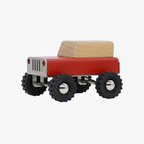 Red wooden Toy truck with a red bed and black wheels on a white background