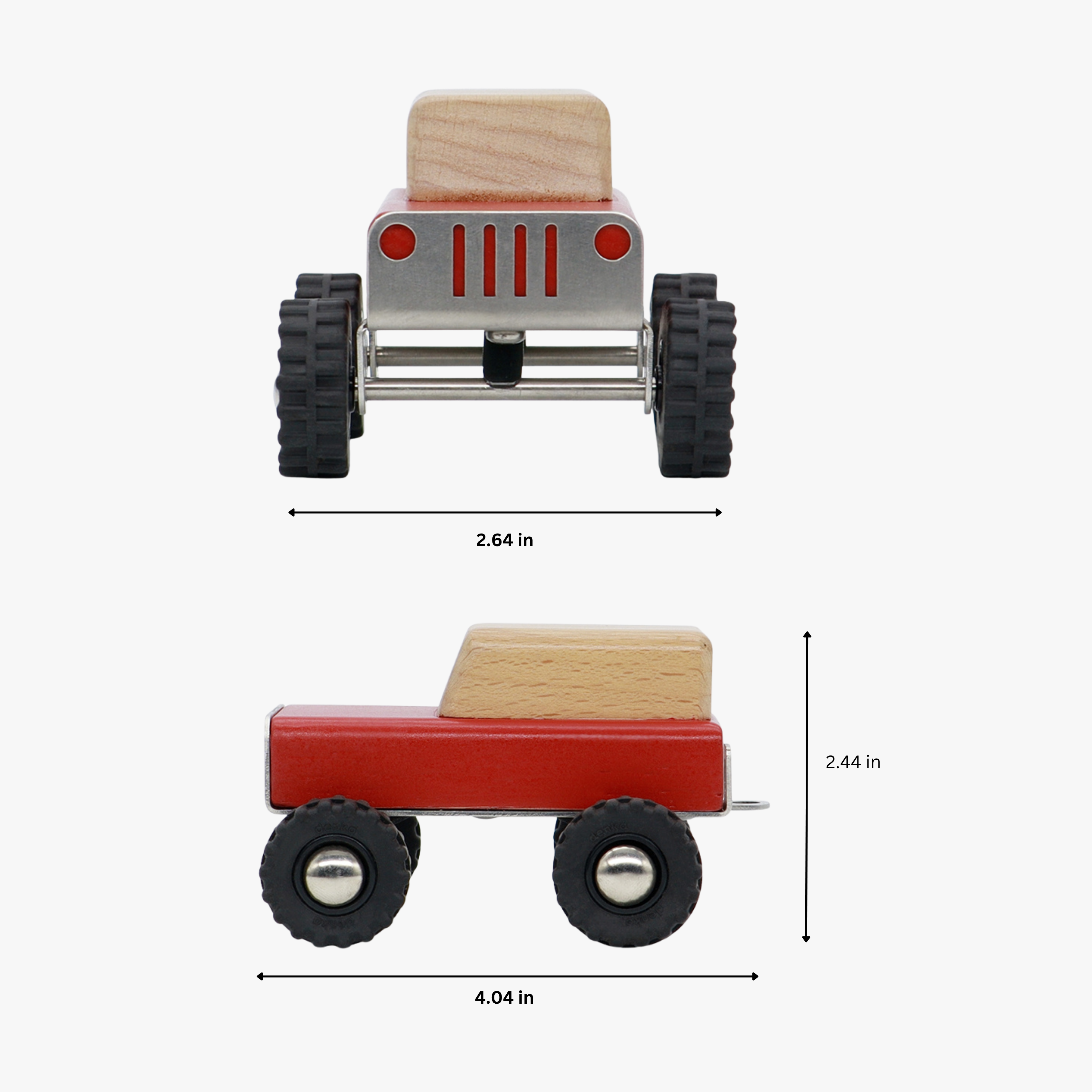 Wooden toy truck with measurements on a white background