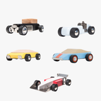 Five colorful toy cars on a white background