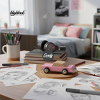 Desk with pink toy car, drawing materials, and books in a cozy room.