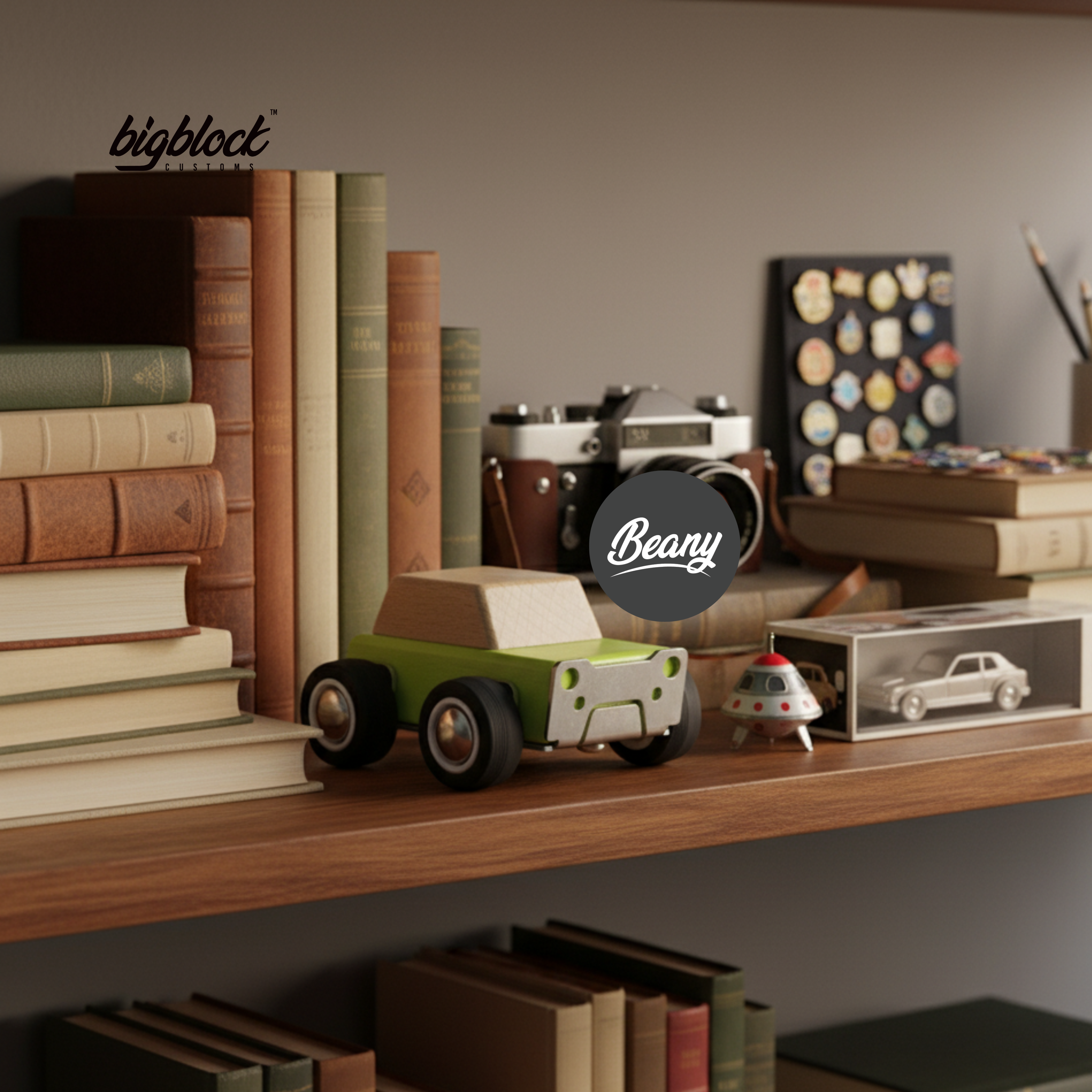 Wooden toy car on a shelf with books and decorative items, featuring 'bigblock' and 'Beany' logos.
