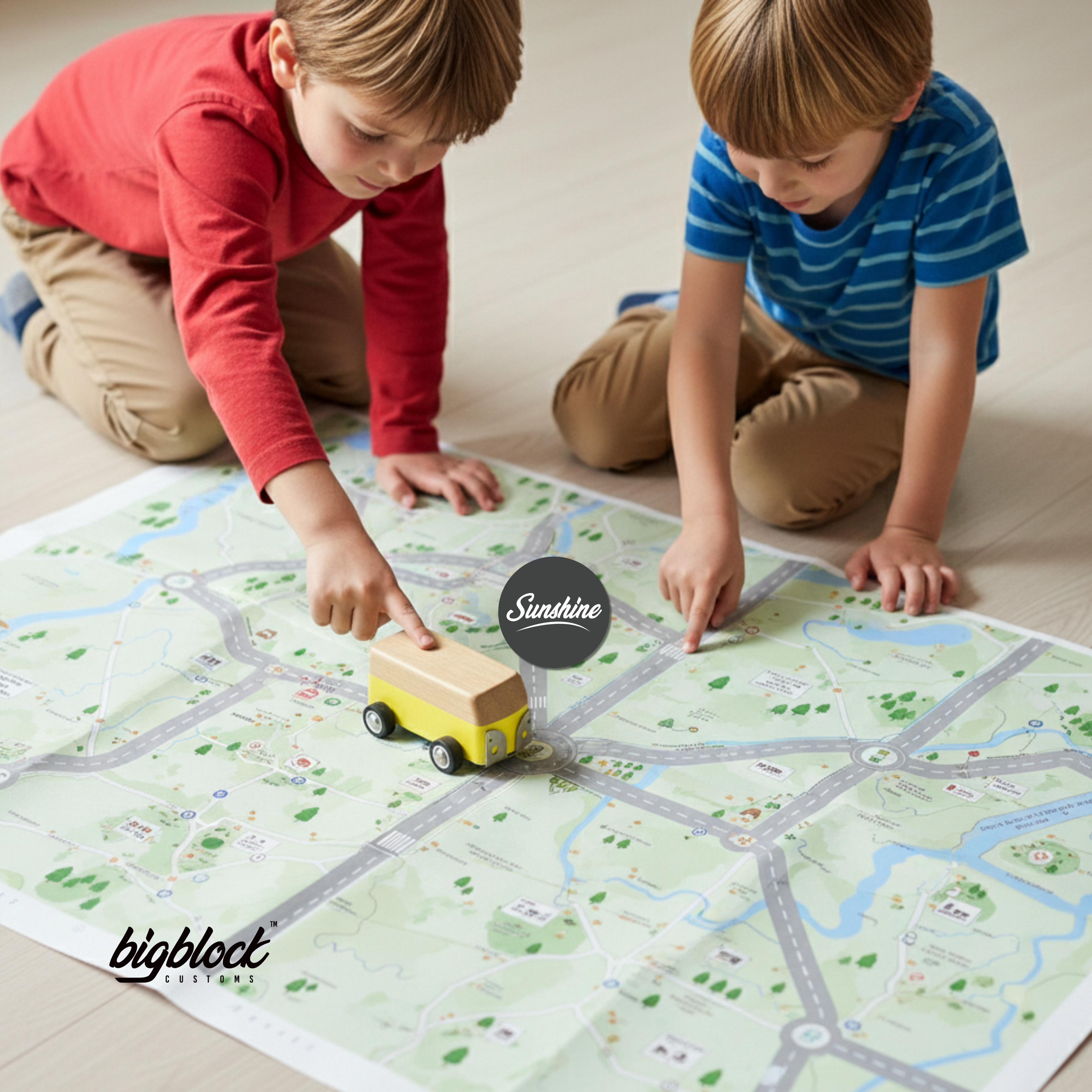 Two children playing with a toy car on a map, with 'bigblock' branding visible.