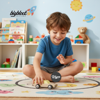 Child playing with a toy car in a colorful playroom with toys and books around.