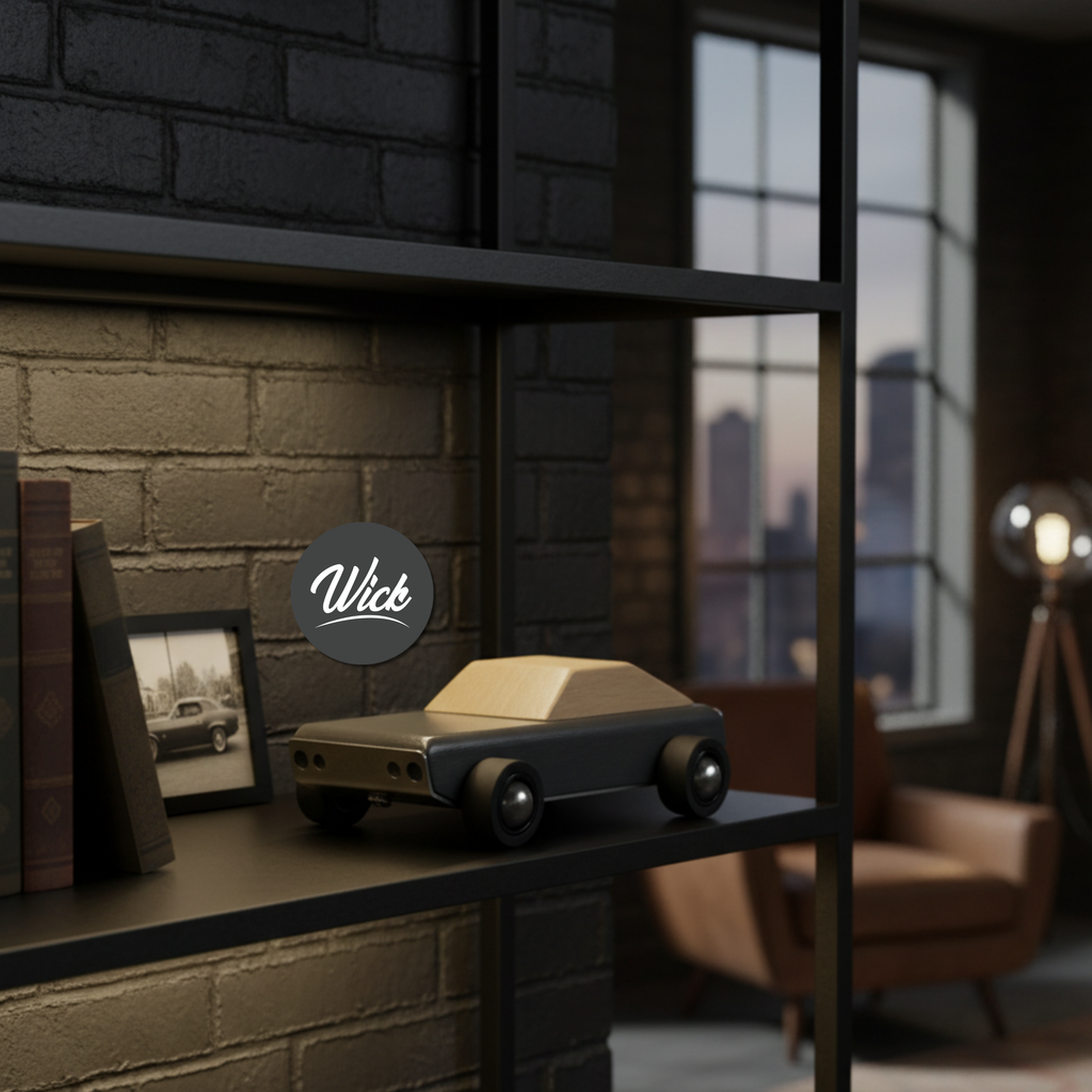 Wooden toy car on a shelf with a blurred cityscape in the background