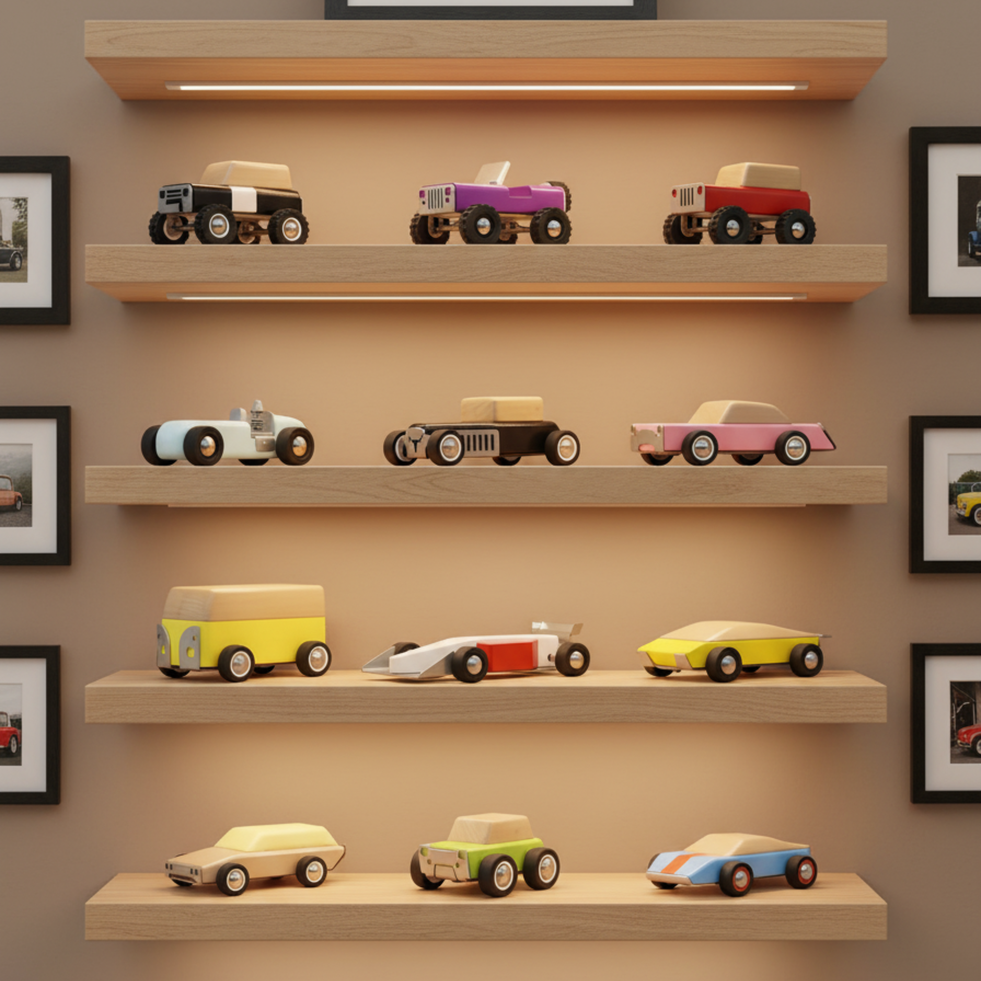 Wooden shelves with model wooden cars against a wall with framed pictures