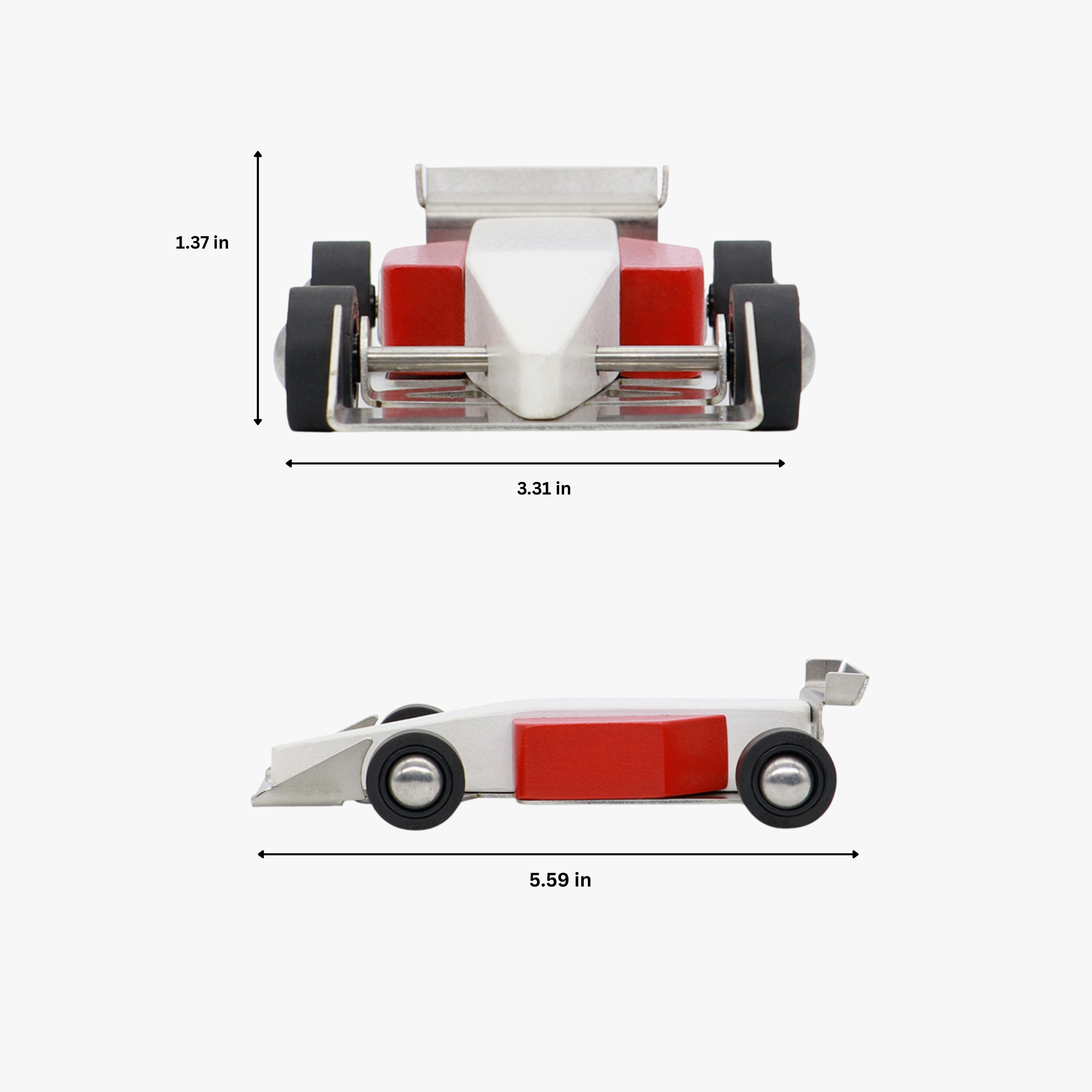 wooden toy car beco with dimensions indicated on a white background