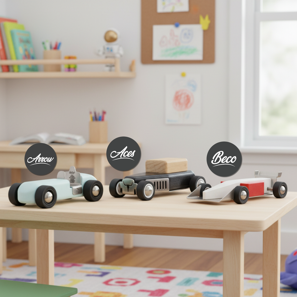 Three toy cars labeled 'Arrow', 'Aces', and 'Beco' on a wooden table in a room with children's drawings on the wall.