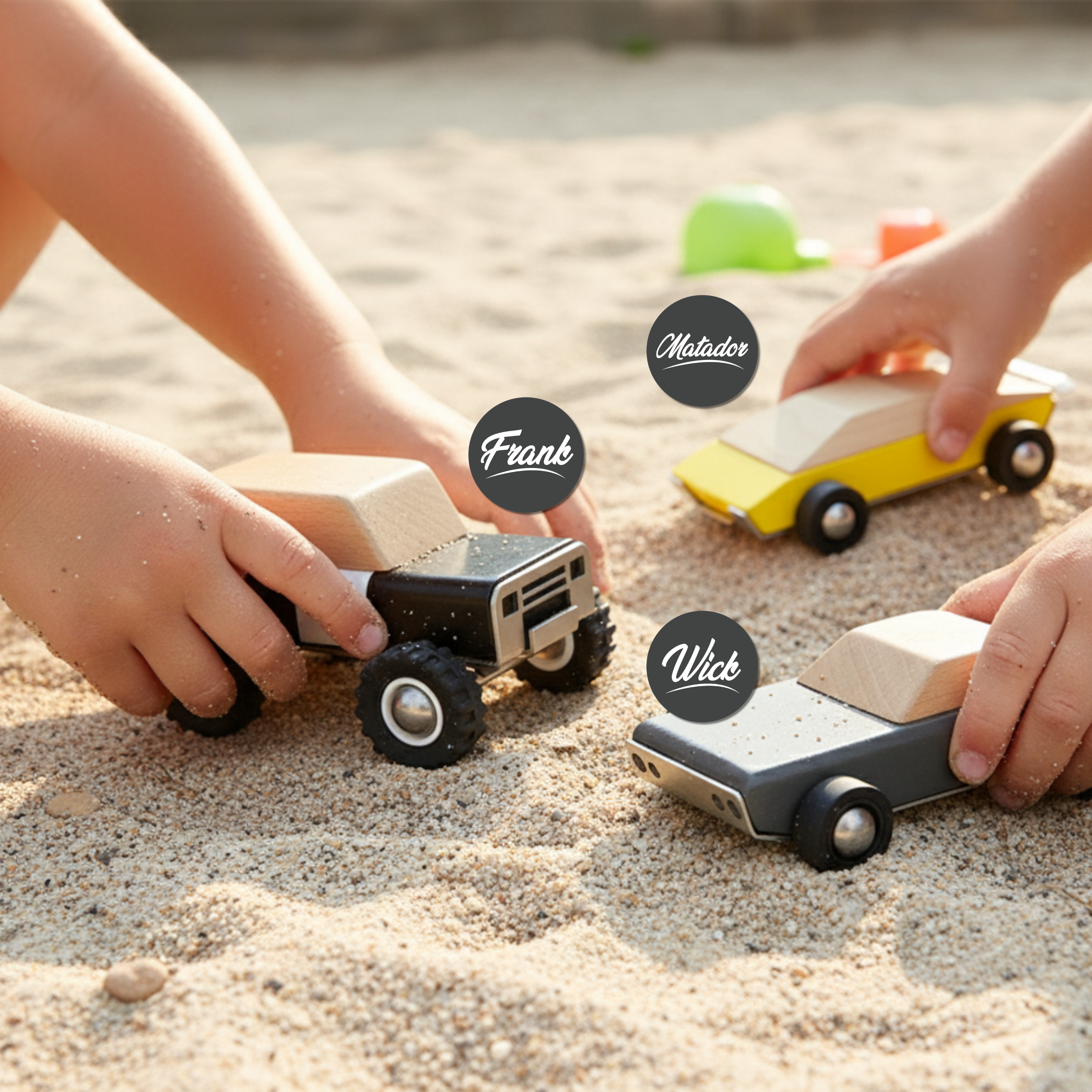 Children playing with toy cars on sand, each labeled with a name.