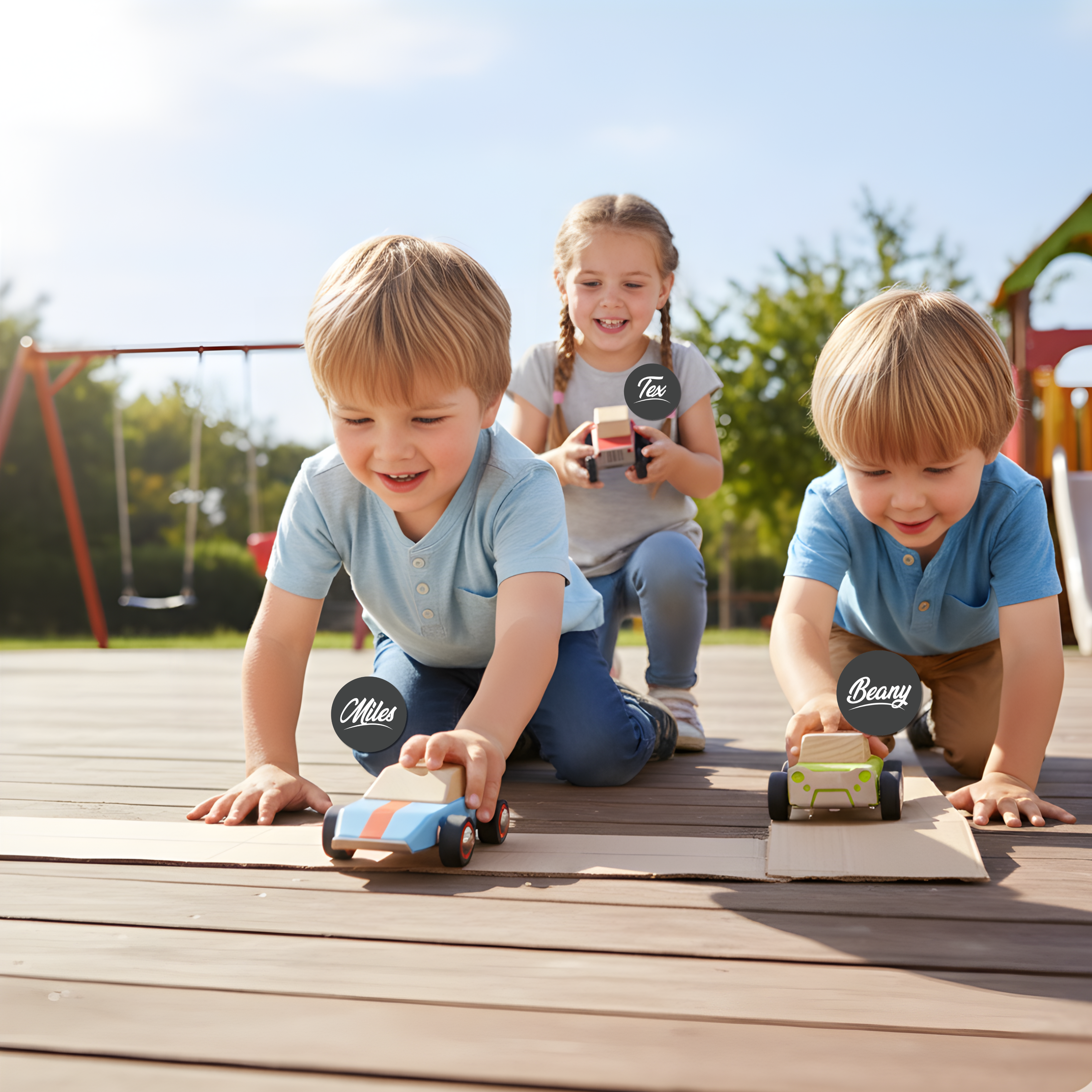 Three children playing with toy cars on a wooden deck outdoors.