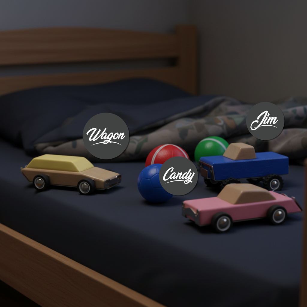 Colorful toy cars labeled 'Wagon', 'Candy', and 'Jim' on a bed.