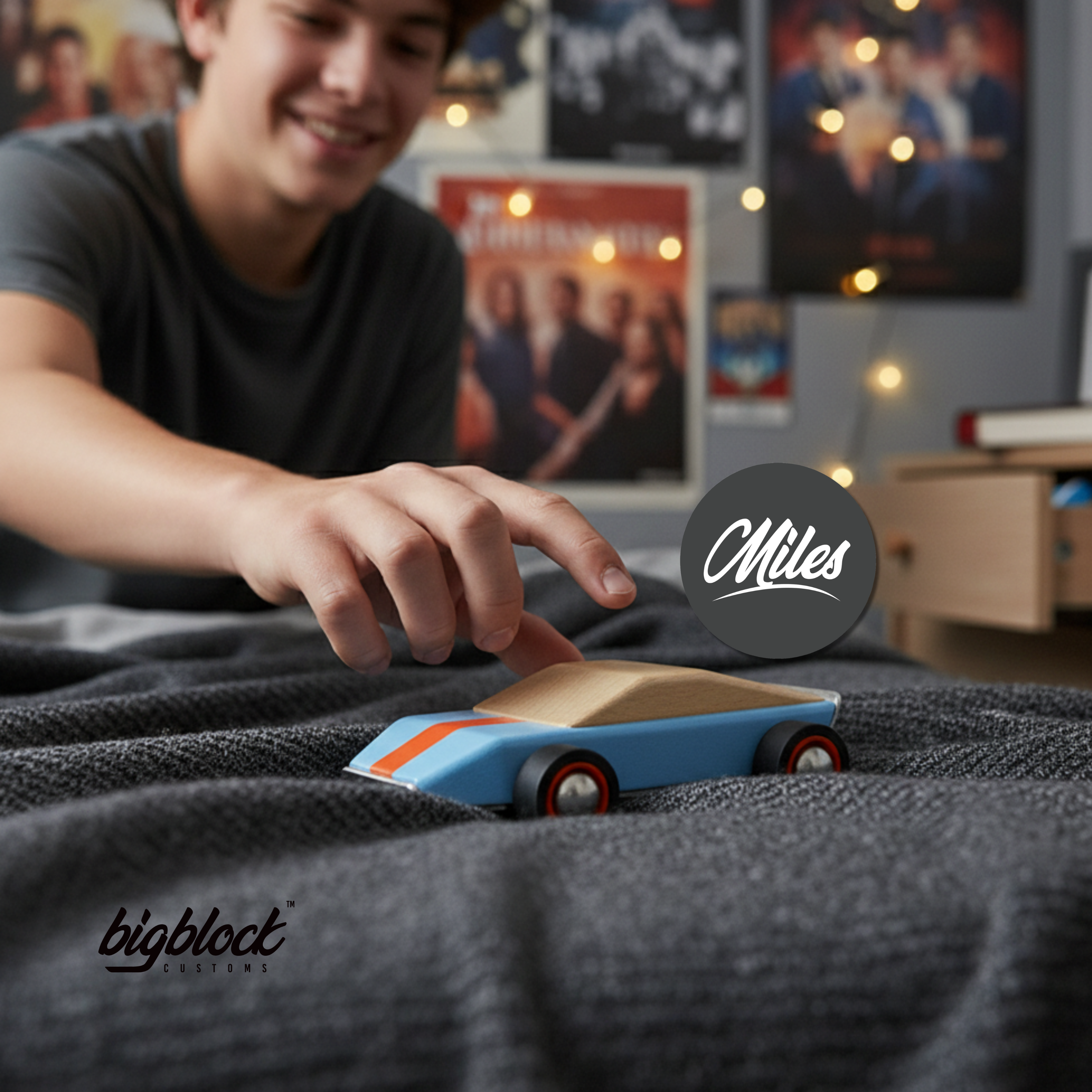Child playing with a wooden toy car on a bed, with 'Miles' and 'bigblock' branding visible.
