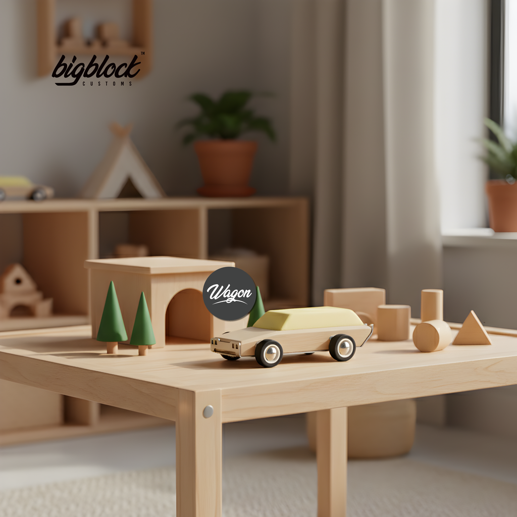 Wooden toy car on a table with a blurred background of a room with wooden furniture and plants.