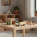 Wooden toy car on a table with a blurred background of a room with wooden furniture and plants.