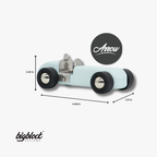 Small model car with dimensions and branding on a white background